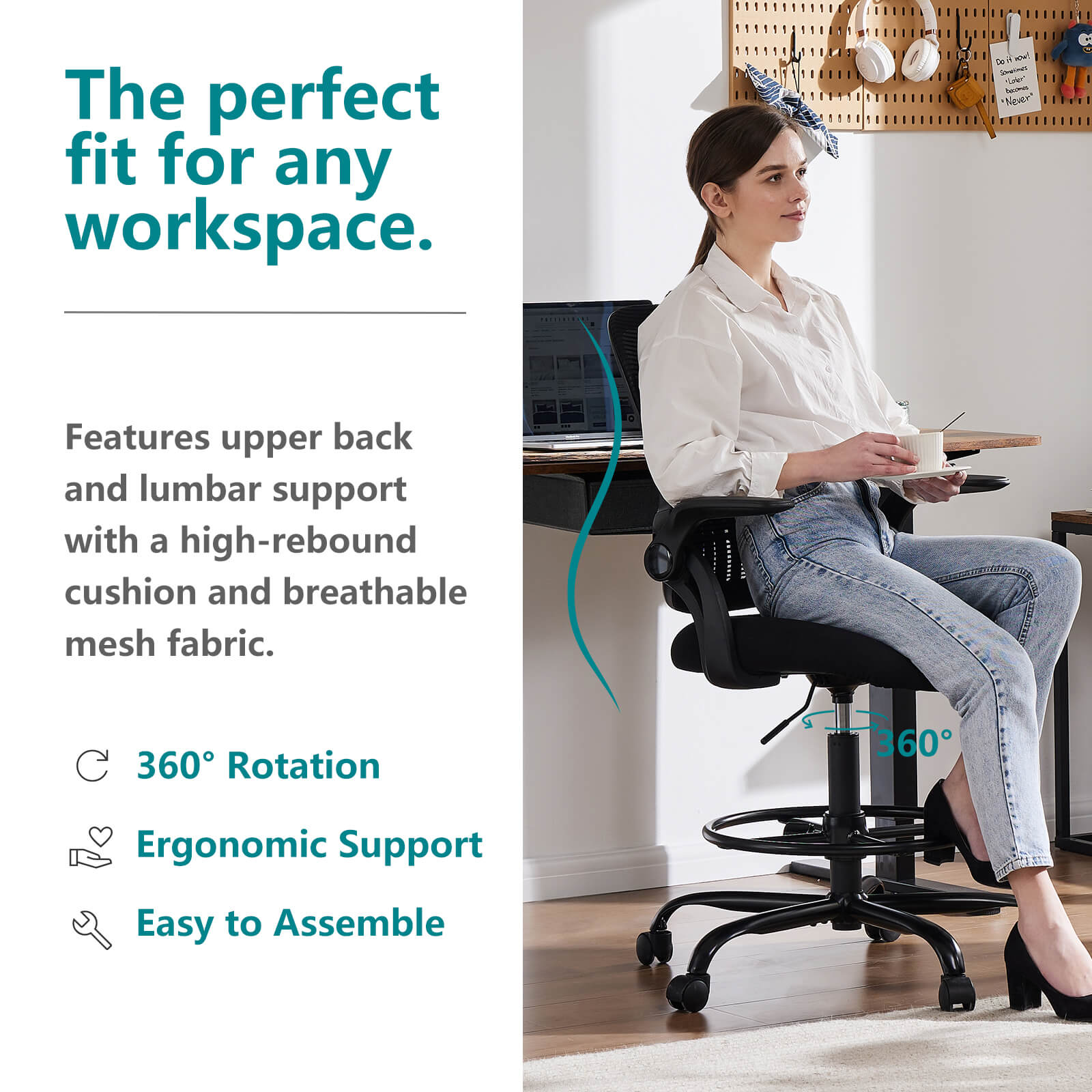 Office Chair with Reversible Armrest Lumbar Support