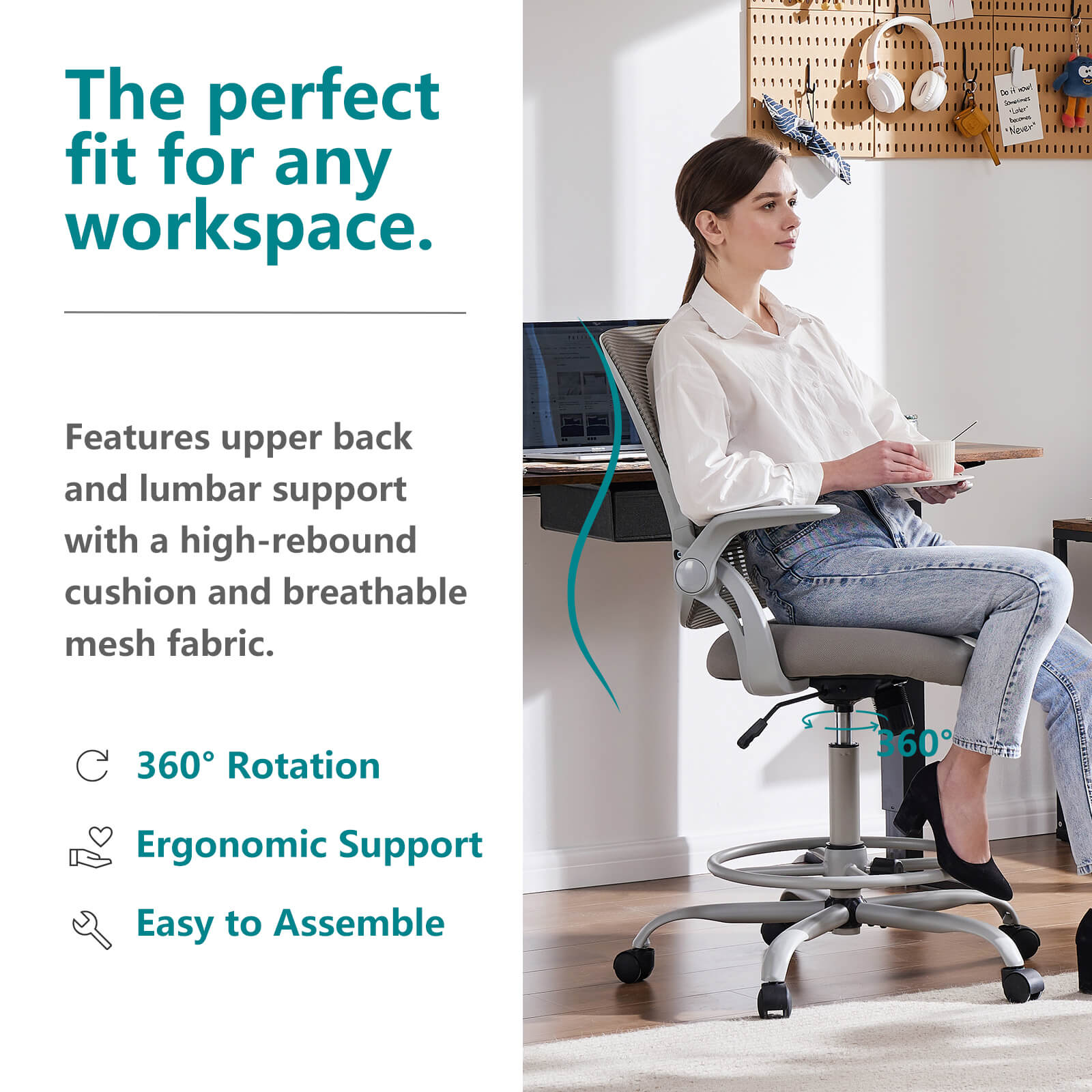 Office Chair with Reversible Armrest Lumbar Support