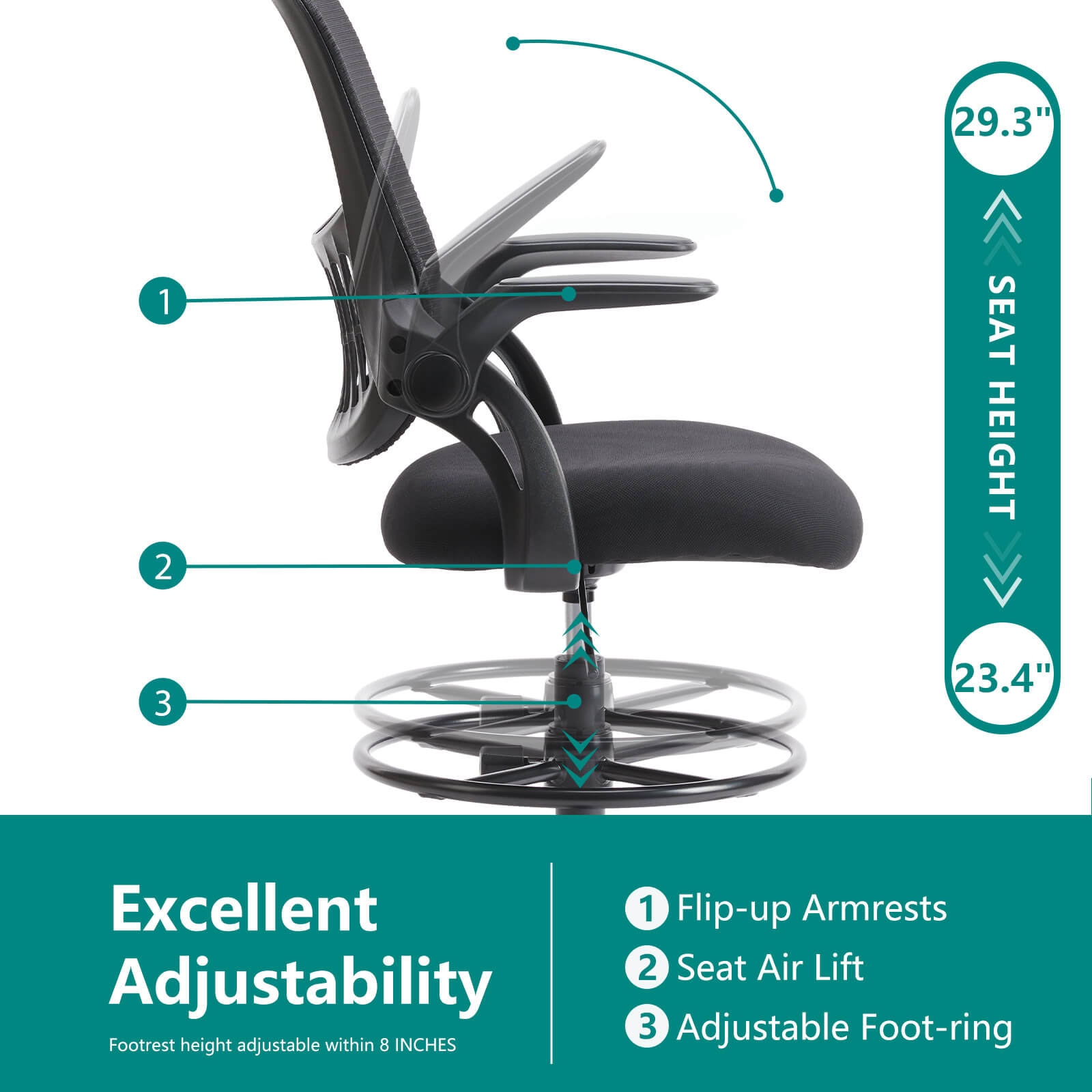 Office Chair with Reversible Armrest Lumbar Support