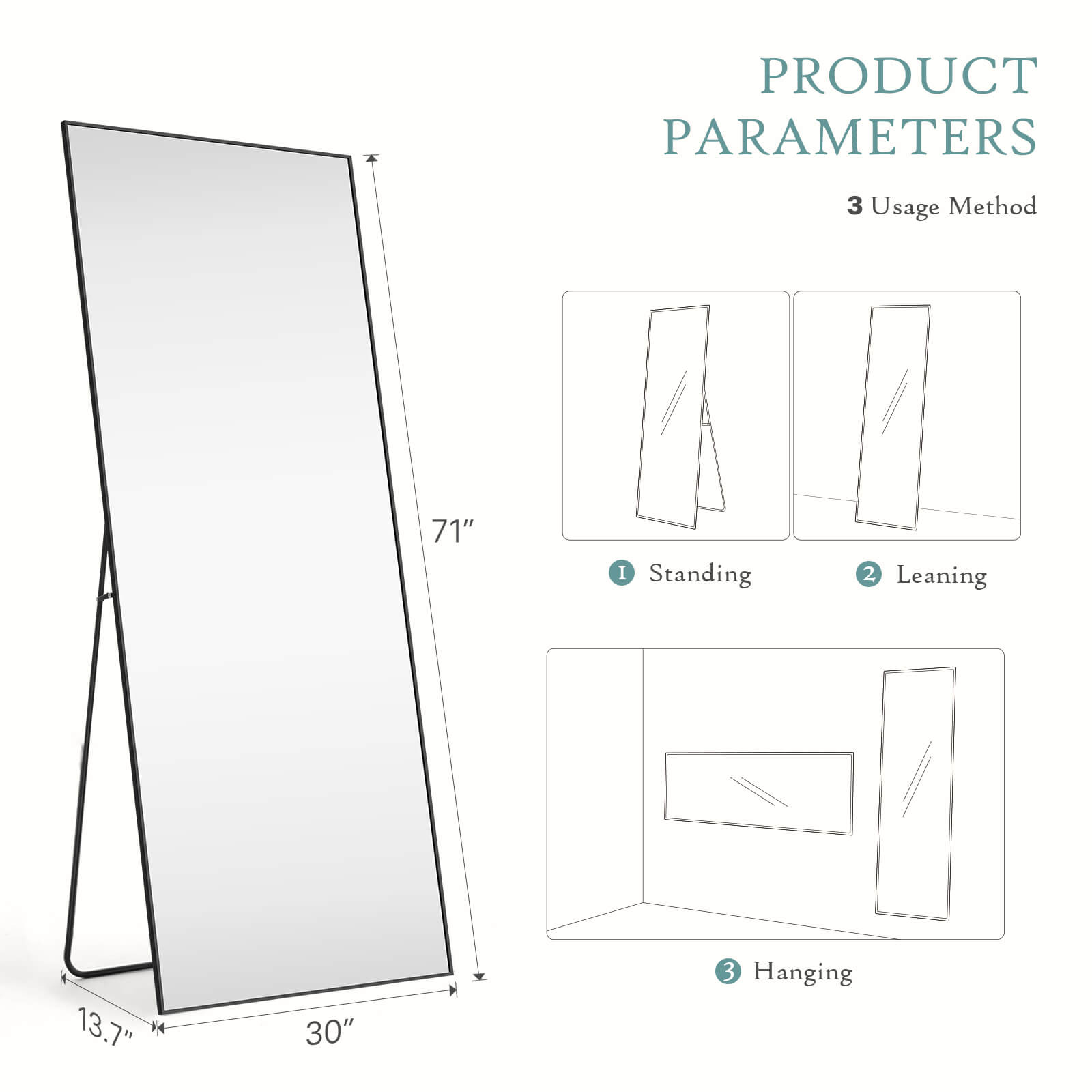 Full Length Mirror Standing or Hanging for Bedroom