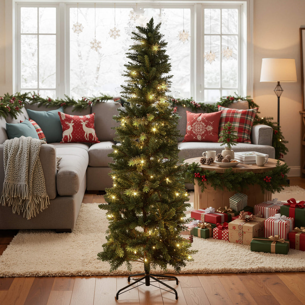 Luxury Pre-Decorated Artificial Fir Christmas Pencil Tree with Lights