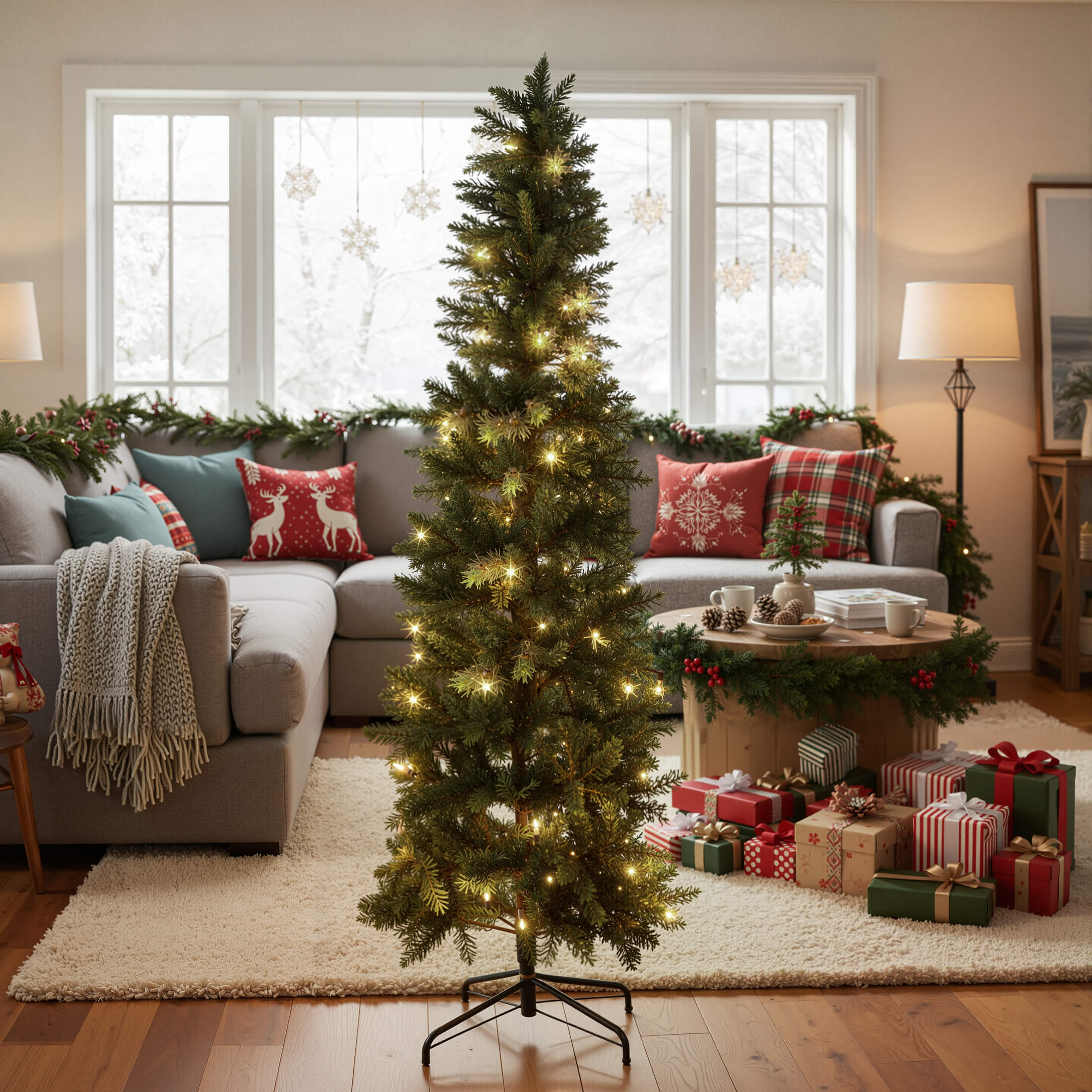 Luxury Pre-Decorated Artificial Fir Christmas Pencil Tree with Lights