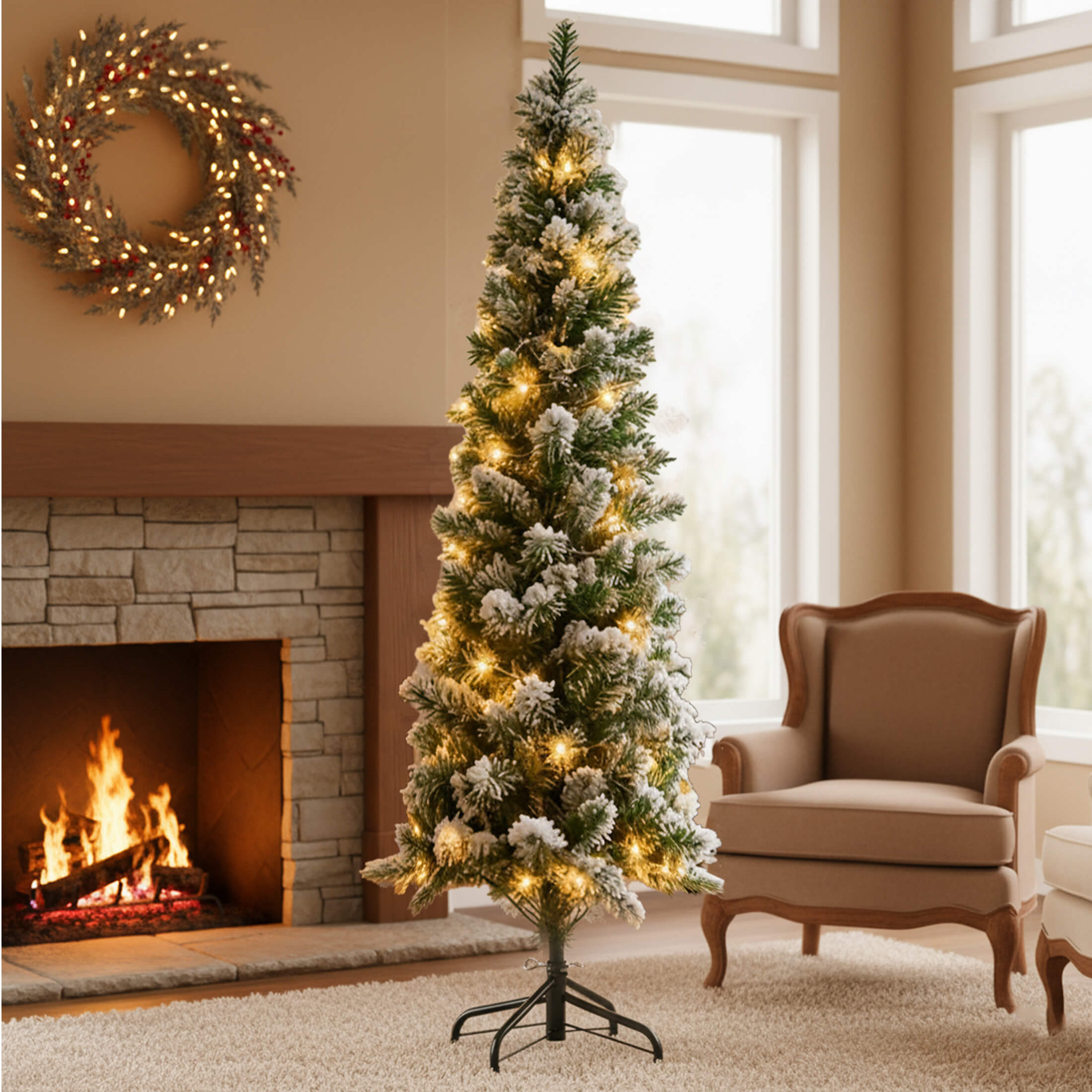 Luxury Pre-Decorated Artificial Fir Christmas Pencil Tree with Lights
