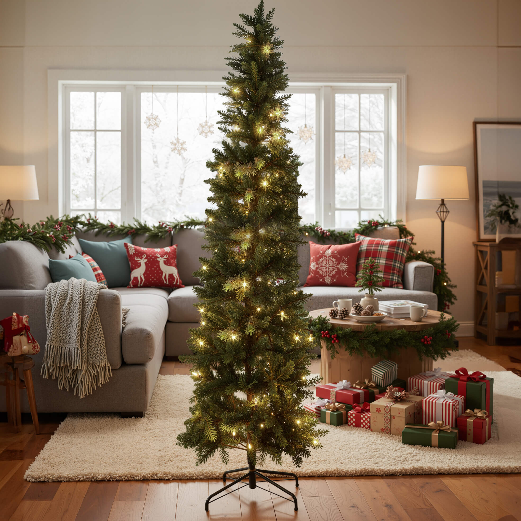 Luxury Pre-Decorated Artificial Fir Christmas Pencil Tree with Lights