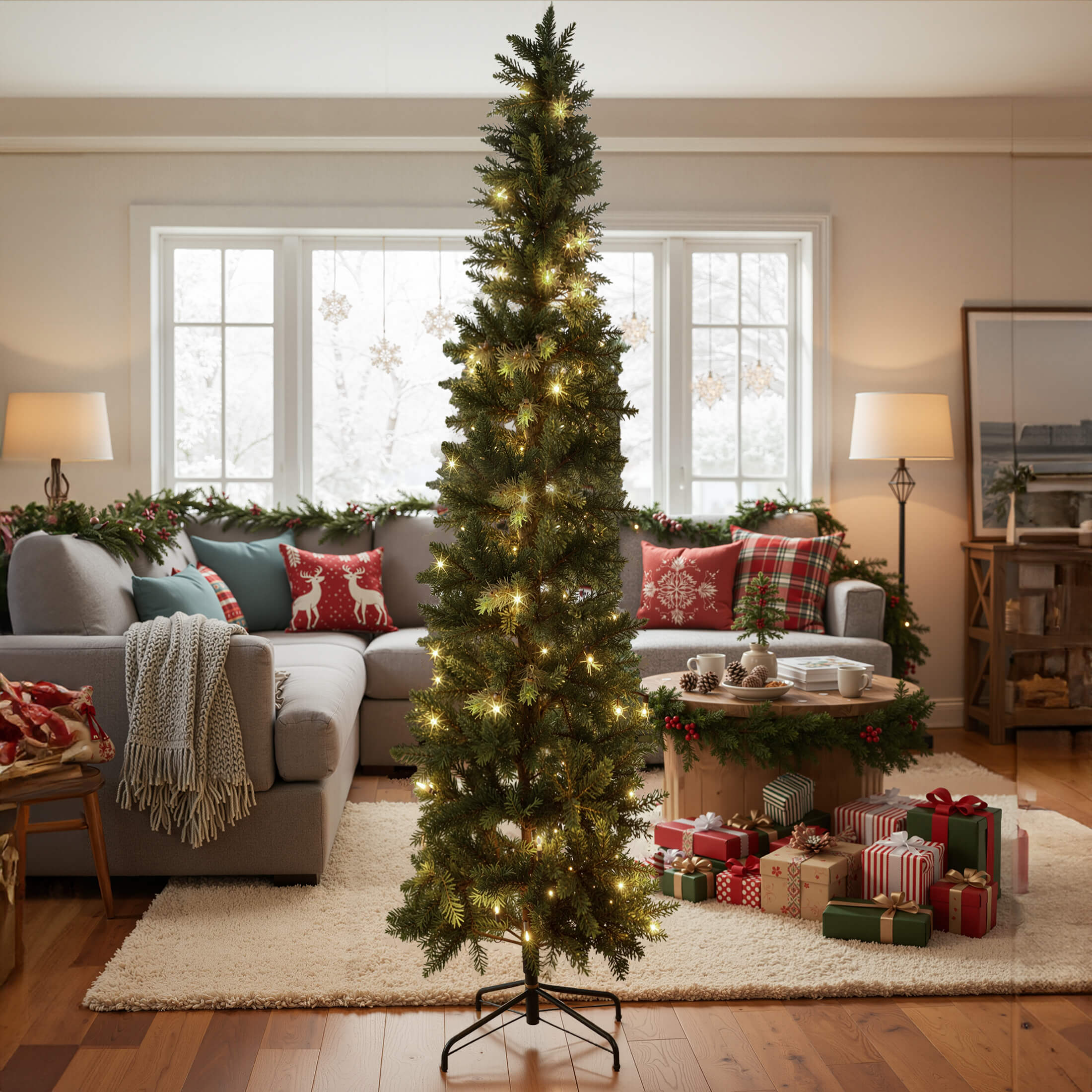 Luxury Pre-Decorated Artificial Fir Christmas Pencil Tree with Lights