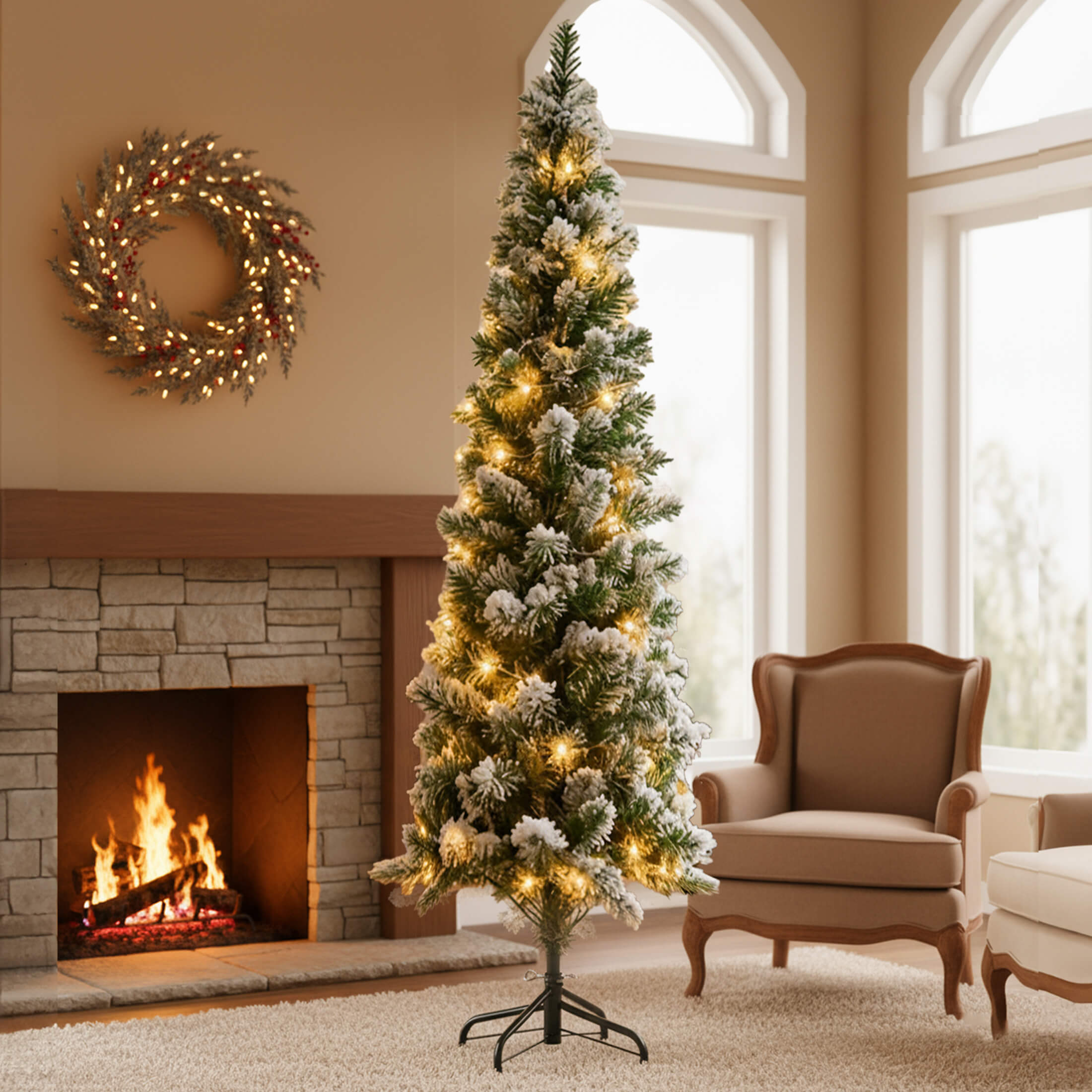 Luxury Pre-Decorated Artificial Fir Christmas Pencil Tree with Lights