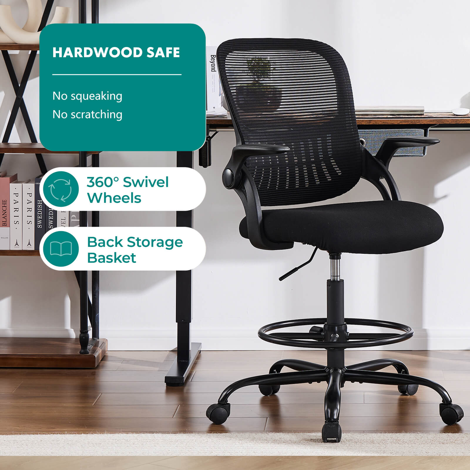Office Chair with Reversible Armrest Lumbar Support