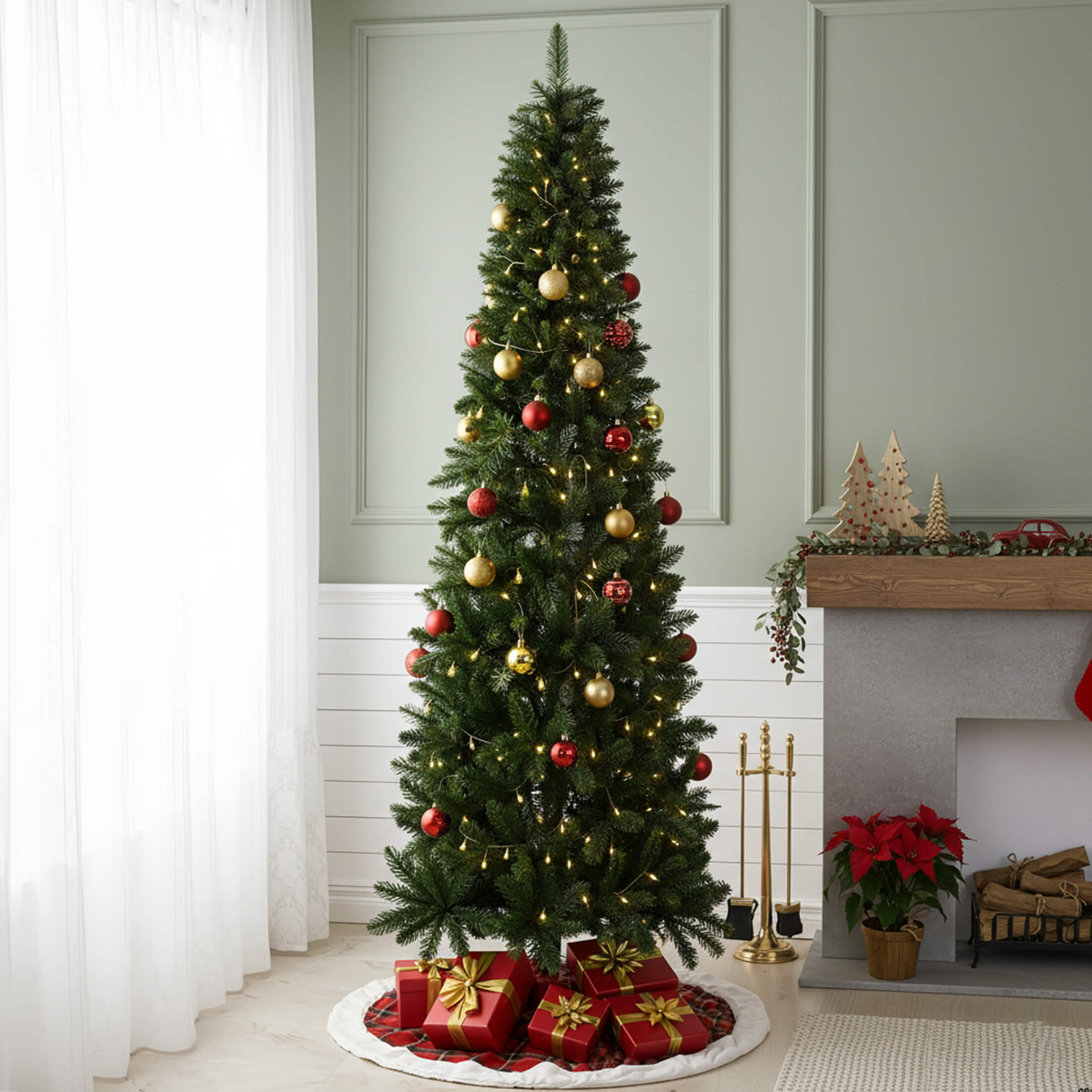 Luxury Pre-Decorated Artificial Fir Christmas Pencil Tree with Lights