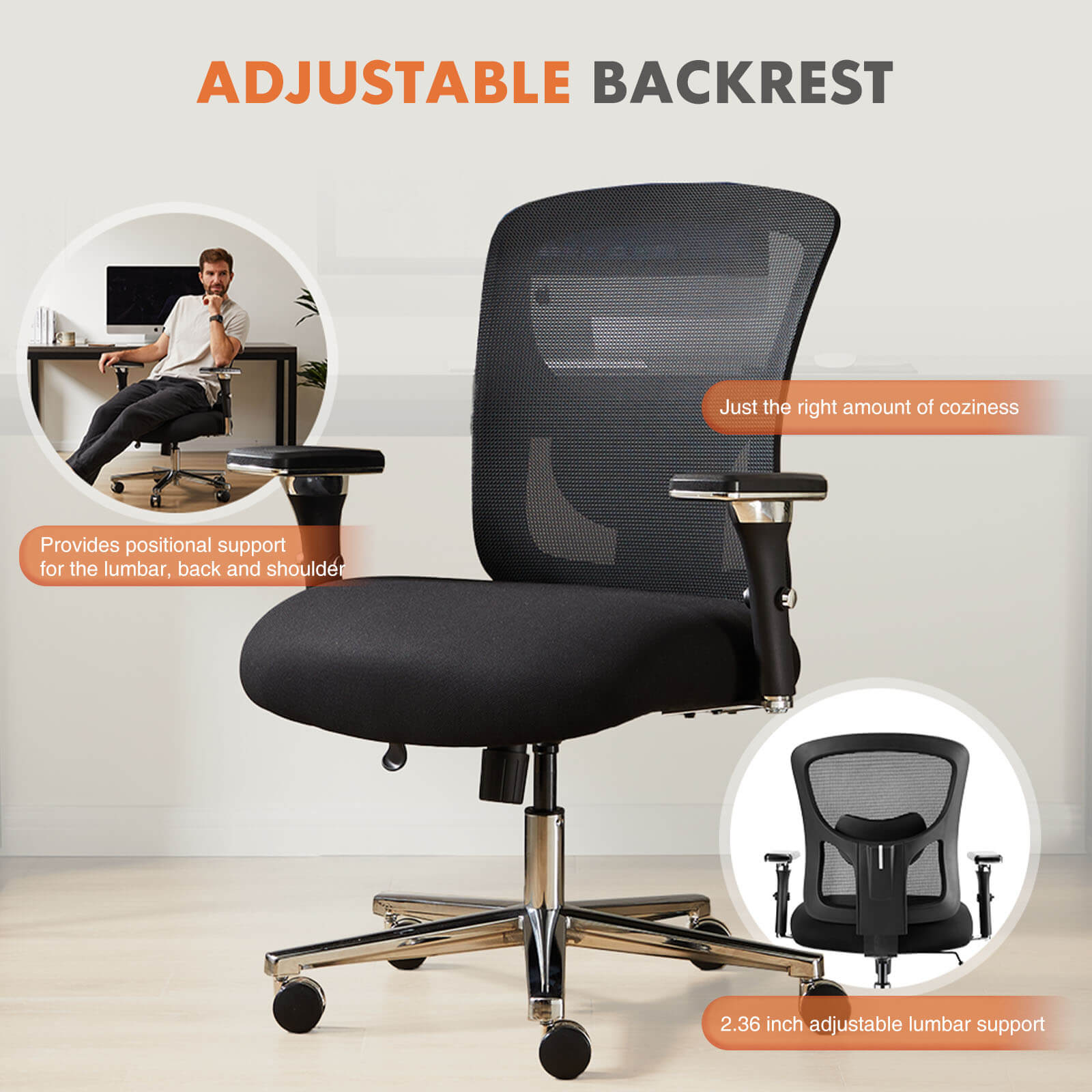 Office Chair with Adjustable Lumbar Support Oversized Cushion