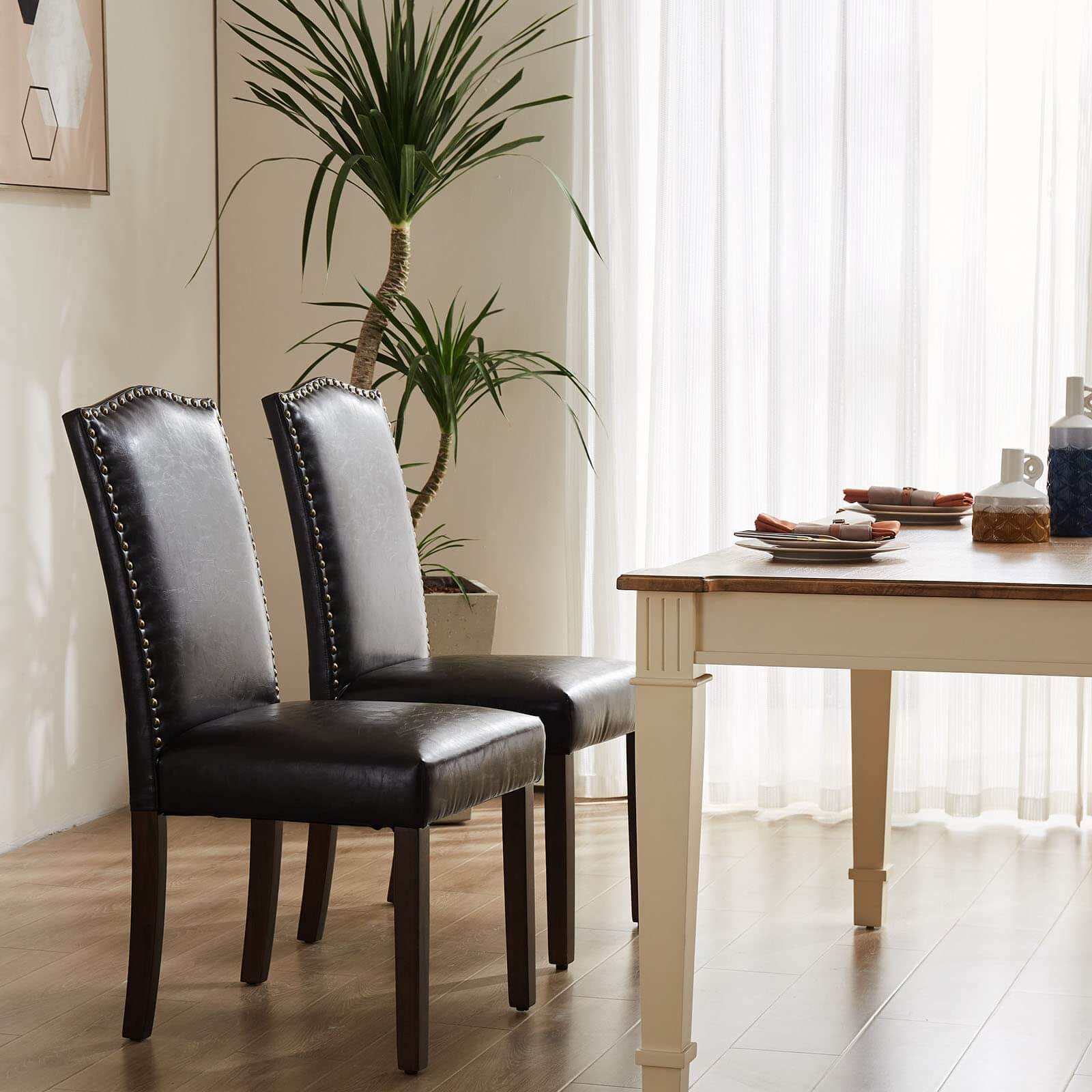 Wooden Dining Chair with Leather Cushion for Dining Room-2P