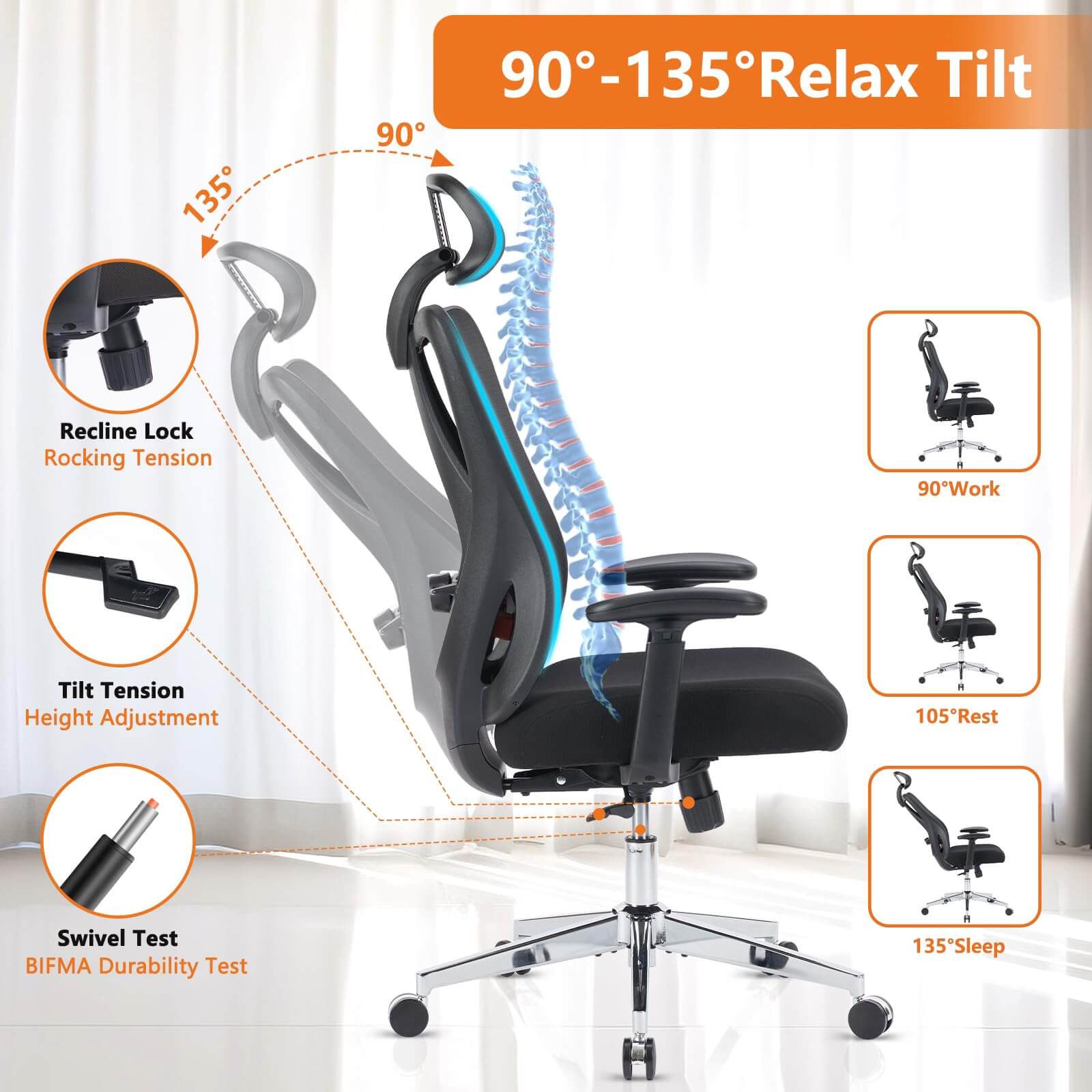 Office Chair Tilts 135° for Home and Office