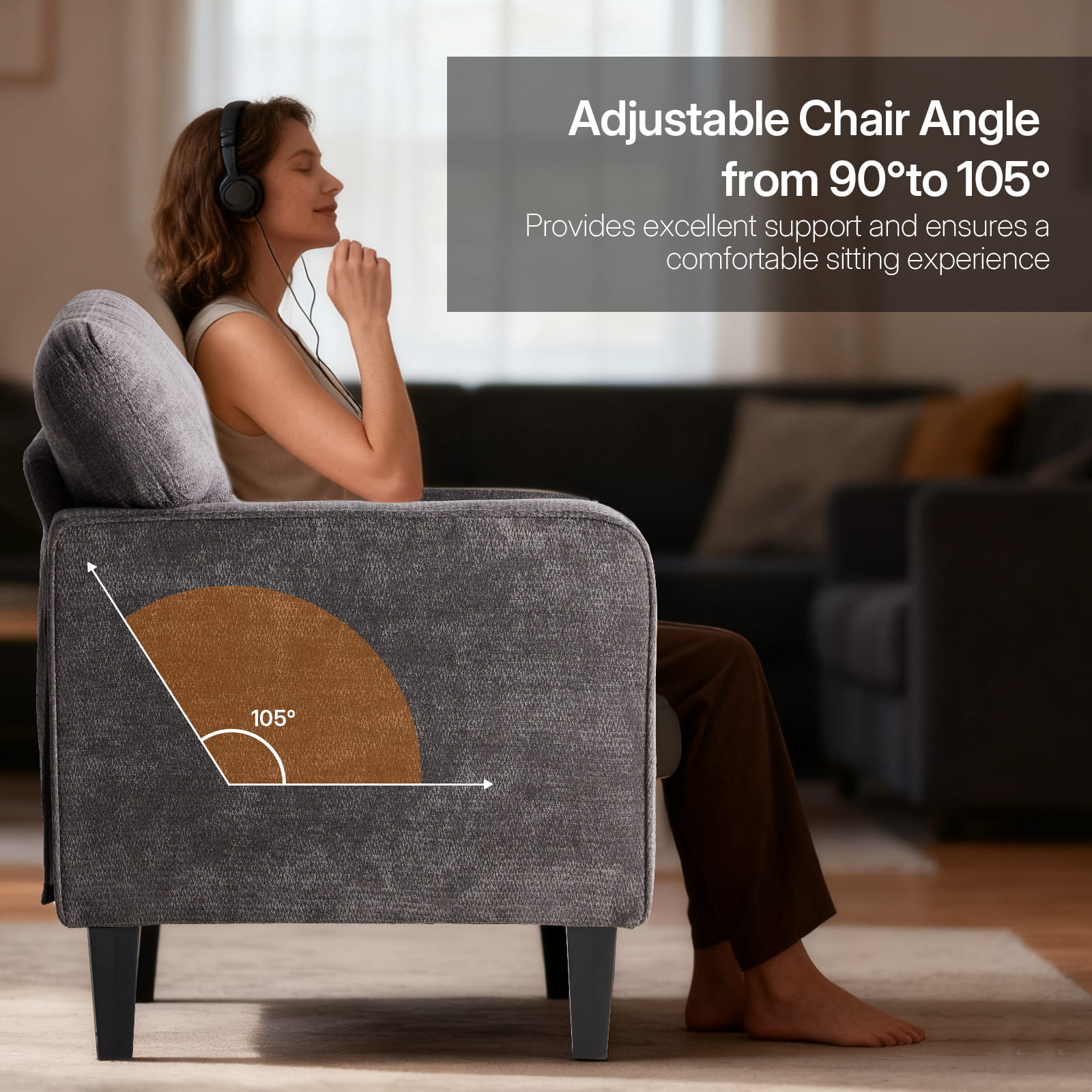 Adjustable Backrest Accent Chair for Living Room, Bedroom, Office